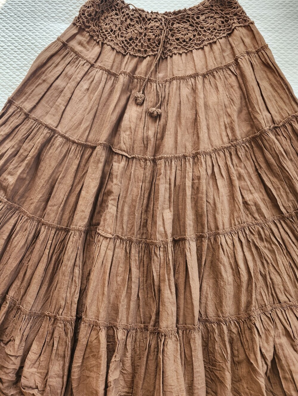 Boho Tiered Crinkle Midi Maxi Skirt with Crochet Waistband | Brown - Picture 2 of 7